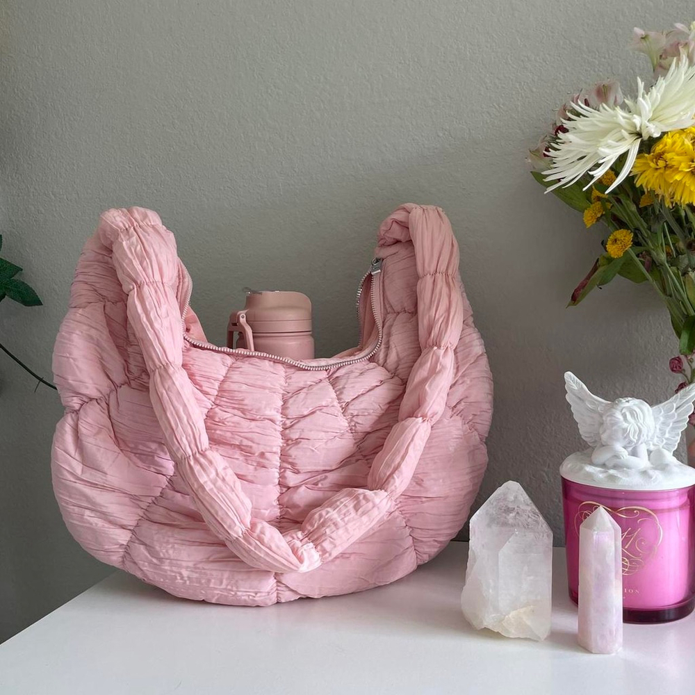 Puffer quilted bag purse crossbody 
Pink puffy crossbody crescent purse